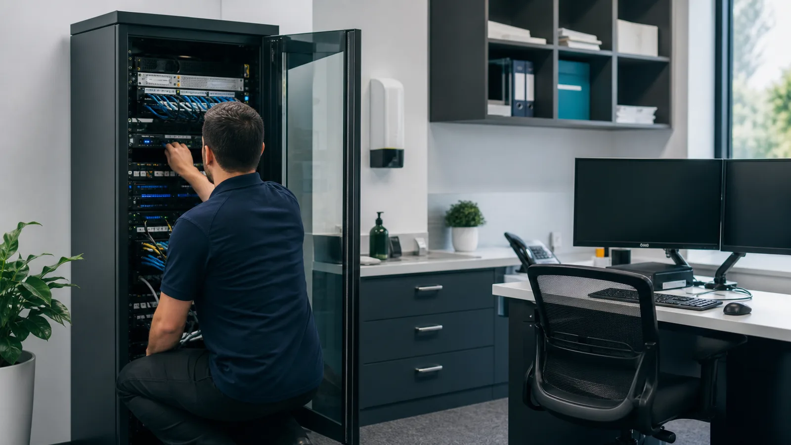 Technician working on a right-sized network rack in a medical practice office