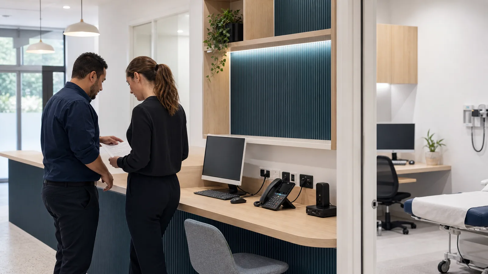 Technology and practice professionals reviewing a new medical clinic go-live