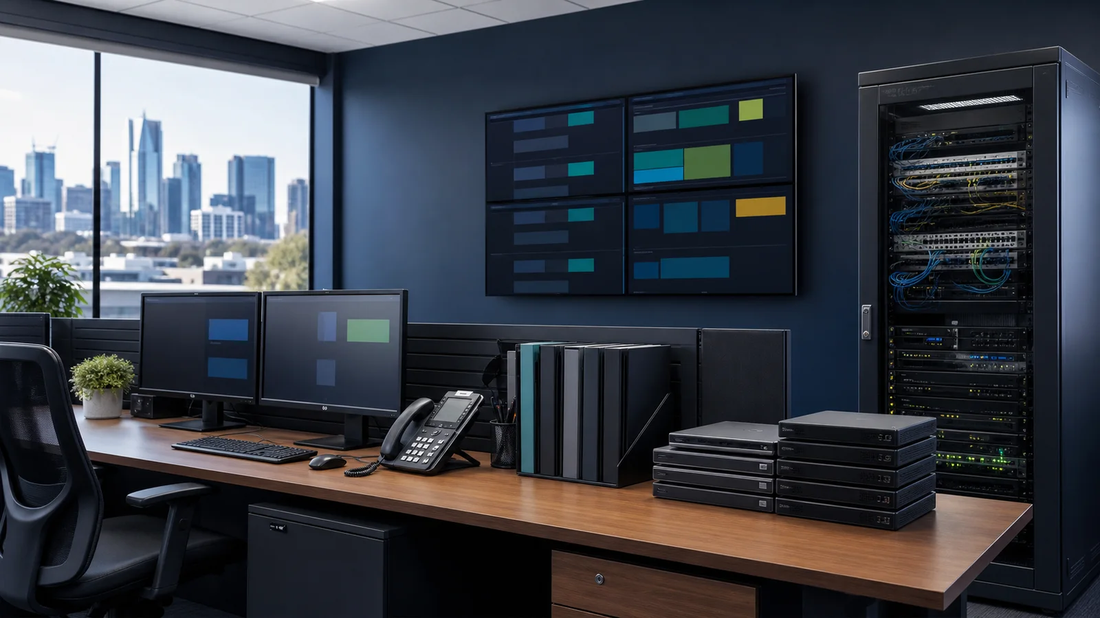 Managed IT service desk, monitoring screens and organised network equipment