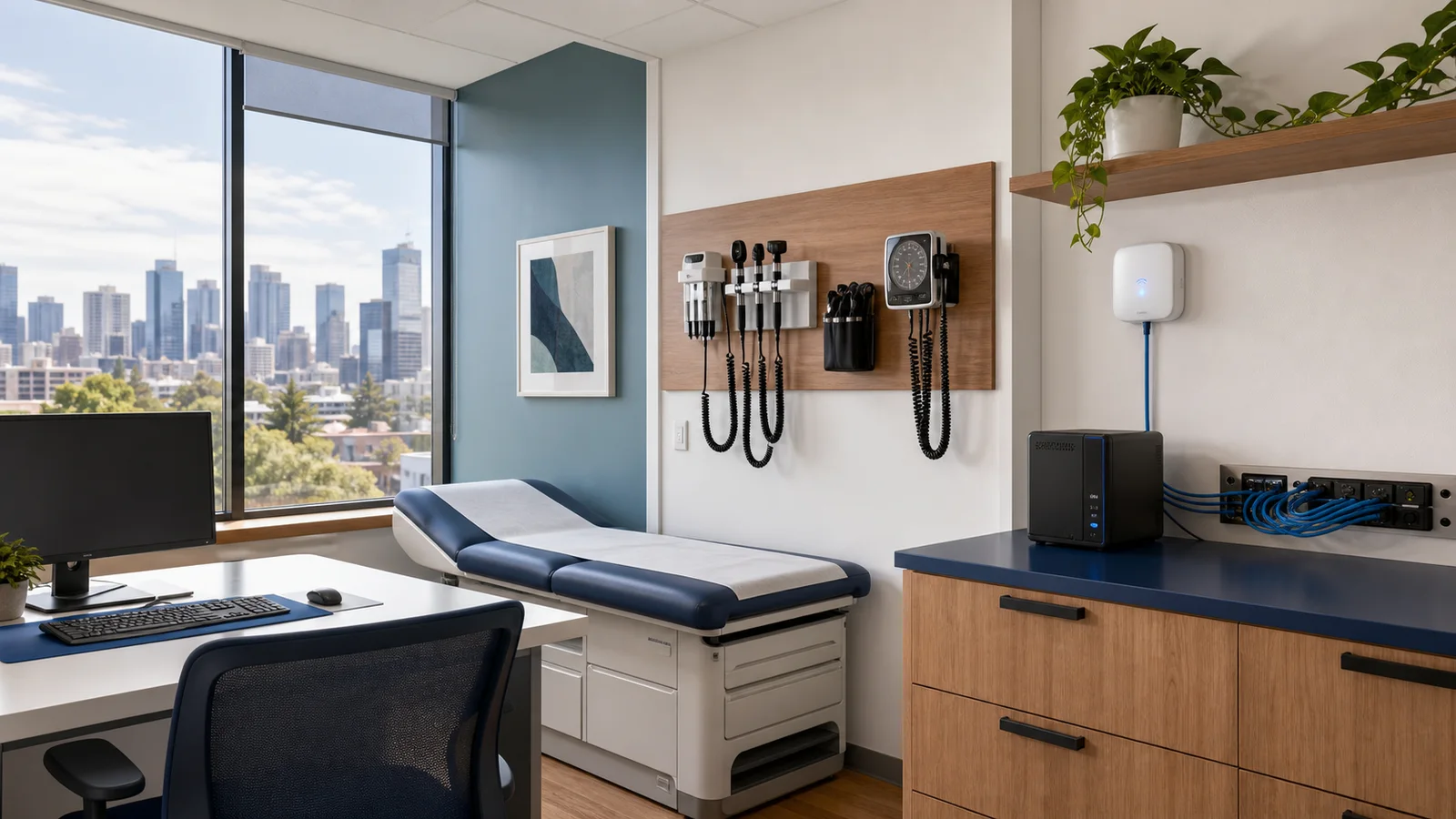 Connected medical consulting room technology, secure network and backup equipment