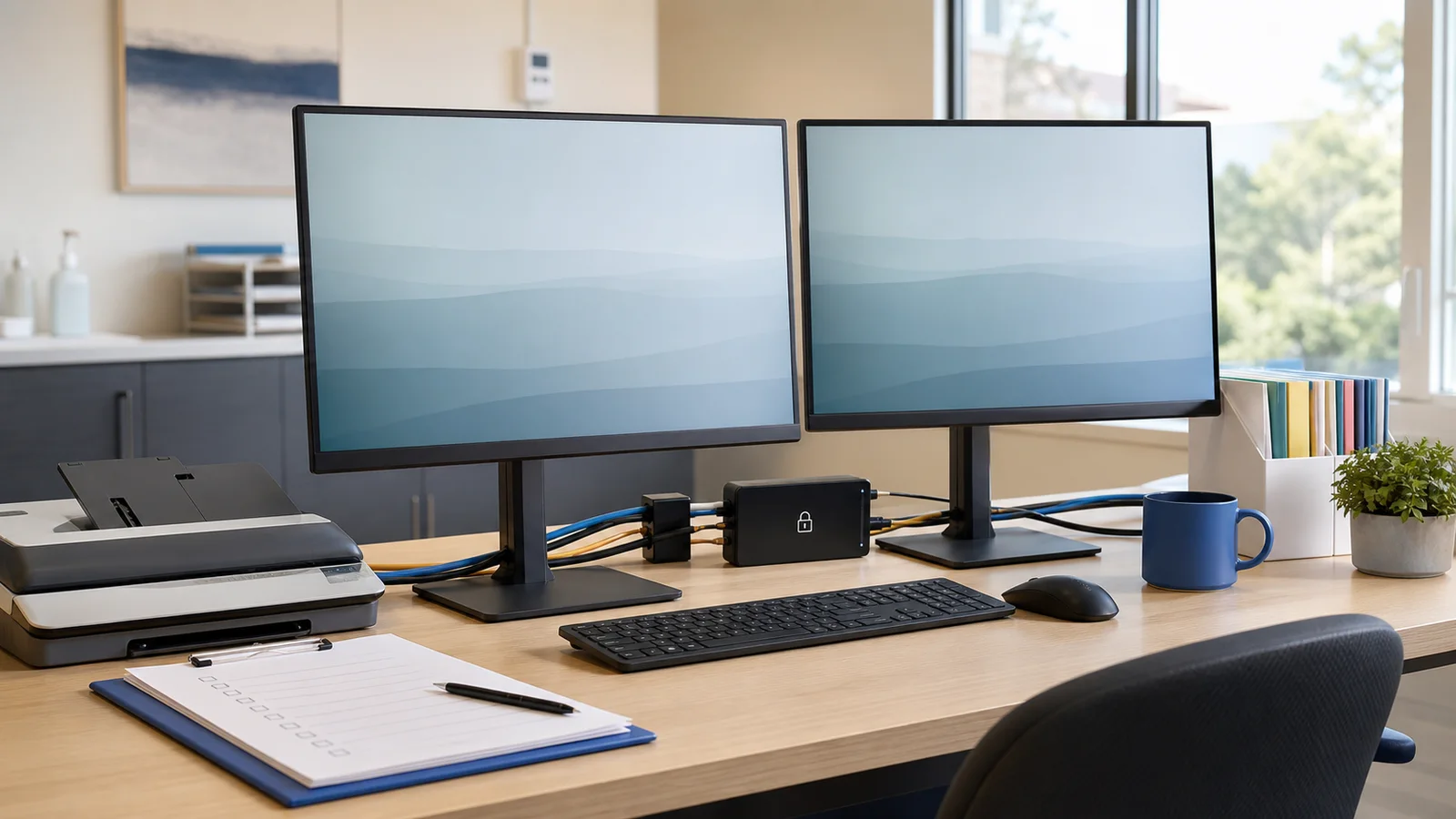 Dual clinic workstations and migration checklist for a clinical software change