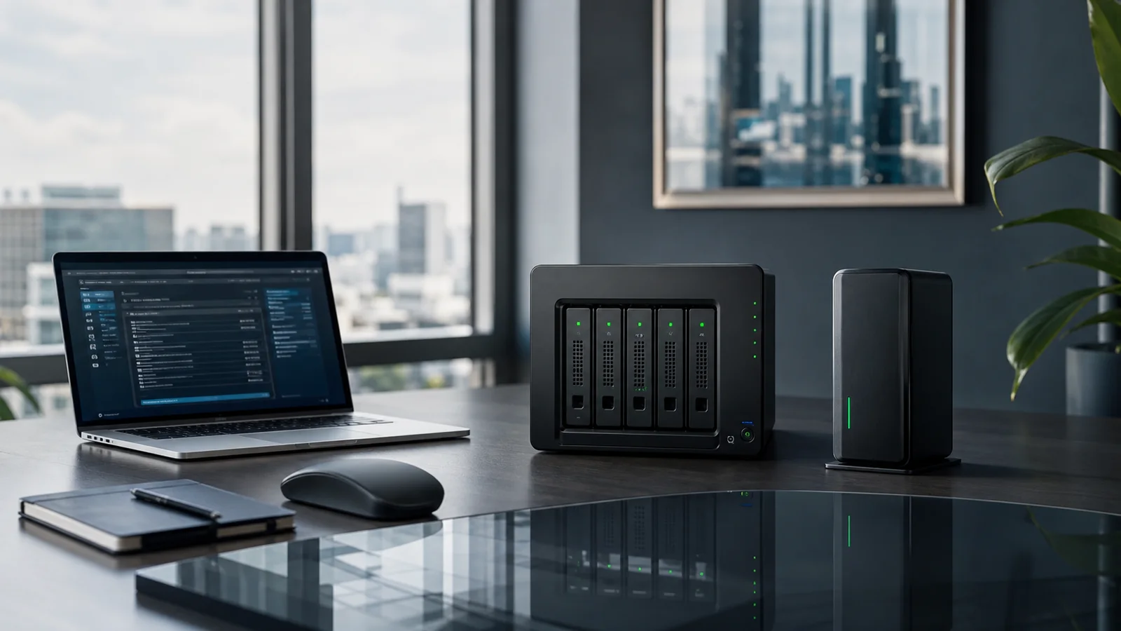 Business laptop and separate storage appliances illustrating Microsoft 365 backup
