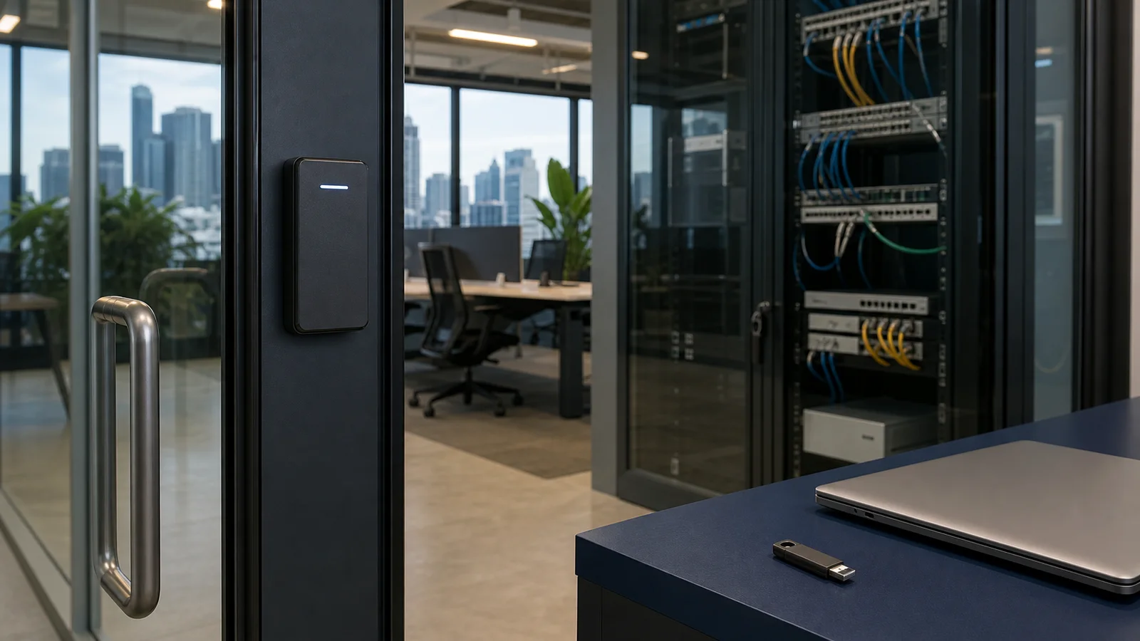 Secure office entrance, managed laptop and network equipment illustrating Zero Trust security
